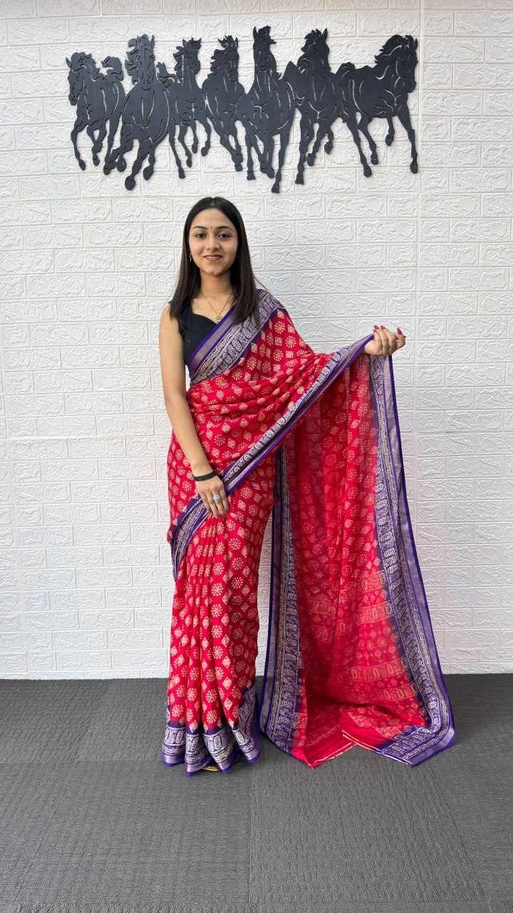 Rani Pink Cotton Silk Saree with Floral Buti Print & Royal Purple Border