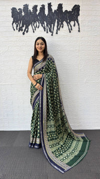 Forest Green Cotton Silk Saree with Traditional Floral Buti Print & Royal Blue Border