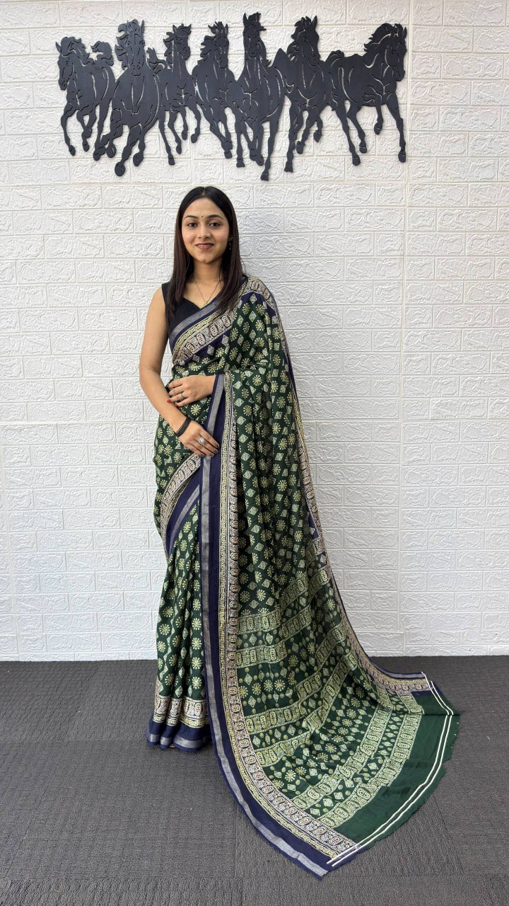 Forest Green Cotton Silk Saree with Traditional Floral Buti Print & Royal Blue Border