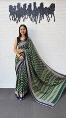 Forest Green Cotton Silk Saree with Traditional Floral Buti Print & Royal Blue Border