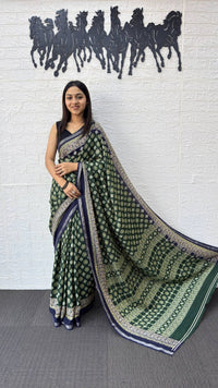 Forest Green Cotton Silk Saree with Traditional Floral Buti Print & Royal Blue Border