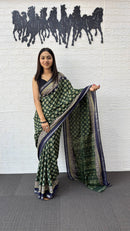 Forest Green Cotton Silk Saree with Traditional Floral Buti Print & Royal Blue Border