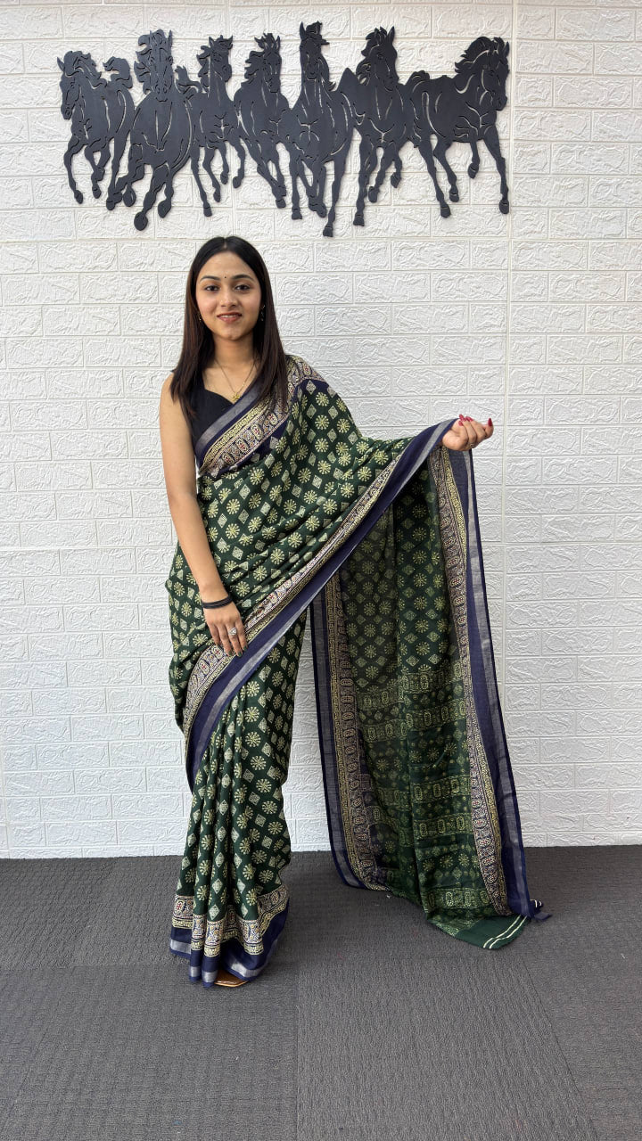 Forest Green Cotton Silk Saree with Traditional Floral Buti Print & Royal Blue Border