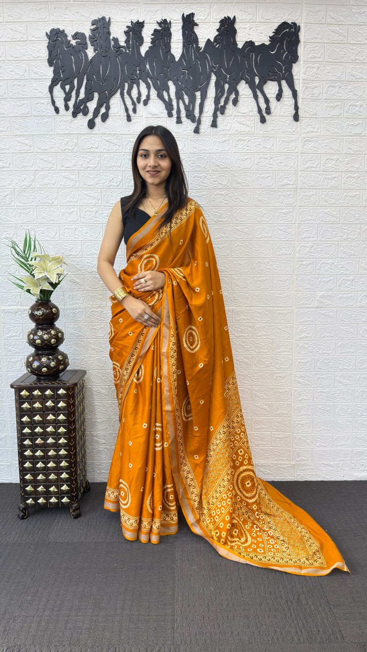 Mustard Orange Cotton Silk Saree with Bandhani Inspired Motifs & Designer Ethnic Pallu