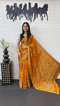 Mustard Orange Cotton Silk Saree with Bandhani Inspired Motifs & Designer Ethnic Pallu