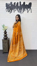 Mustard Orange Cotton Silk Saree with Bandhani Inspired Motifs & Designer Ethnic Pallu