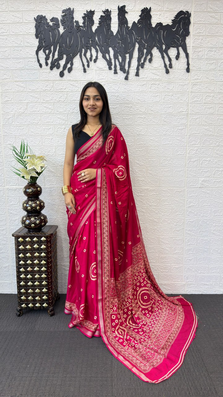 Rani Pink Cotton Silk Saree with Bandhani Inspired Motifs & Elegant Ethnic Pallu
