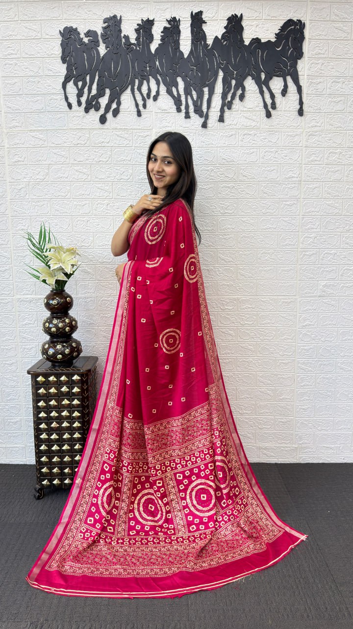 Rani Pink Cotton Silk Saree with Bandhani Inspired Motifs & Elegant Ethnic Pallu