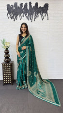Teal Green Cotton Silk Saree with Bandhani Inspired Motifs & Designer Ethnic Pallu