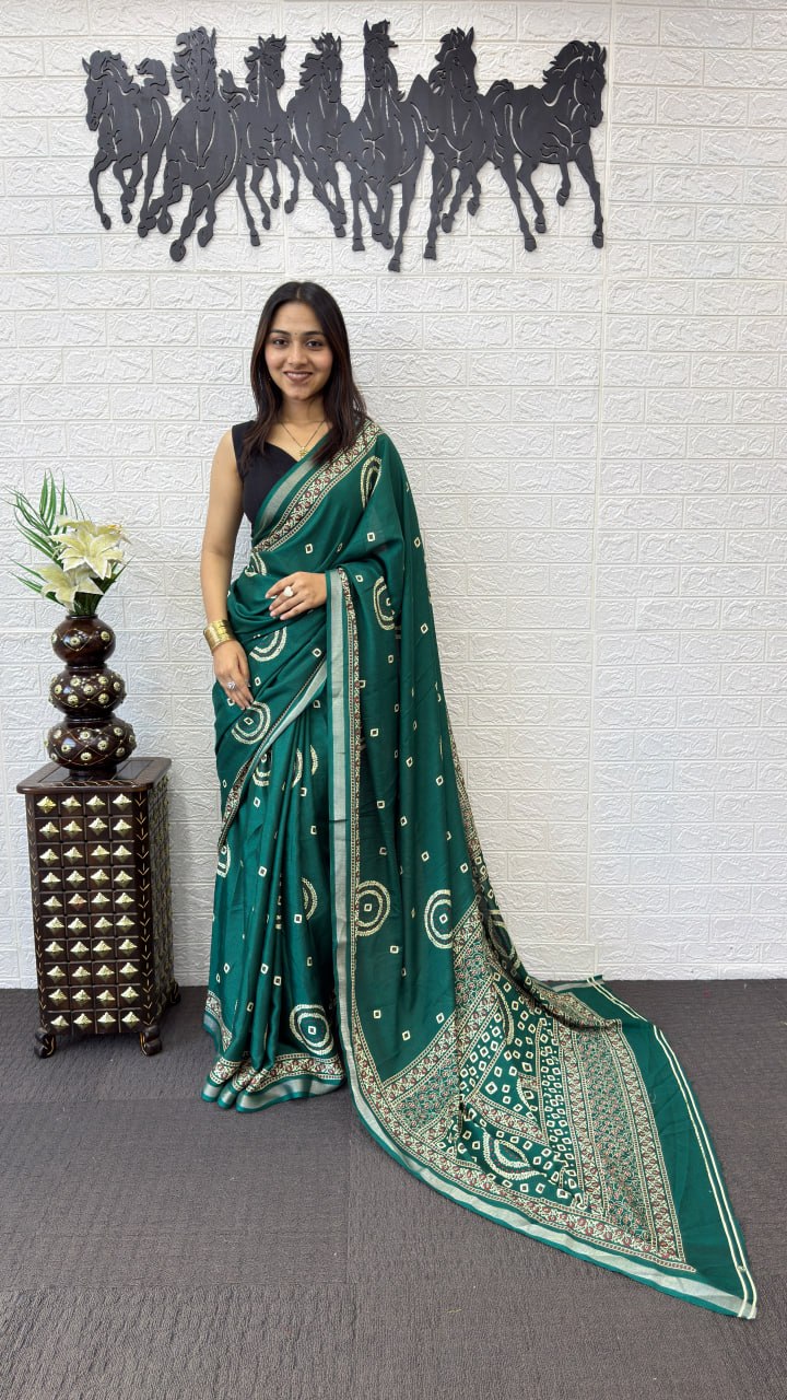 Teal Green Cotton Silk Saree with Bandhani Inspired Motifs & Designer Ethnic Pallu