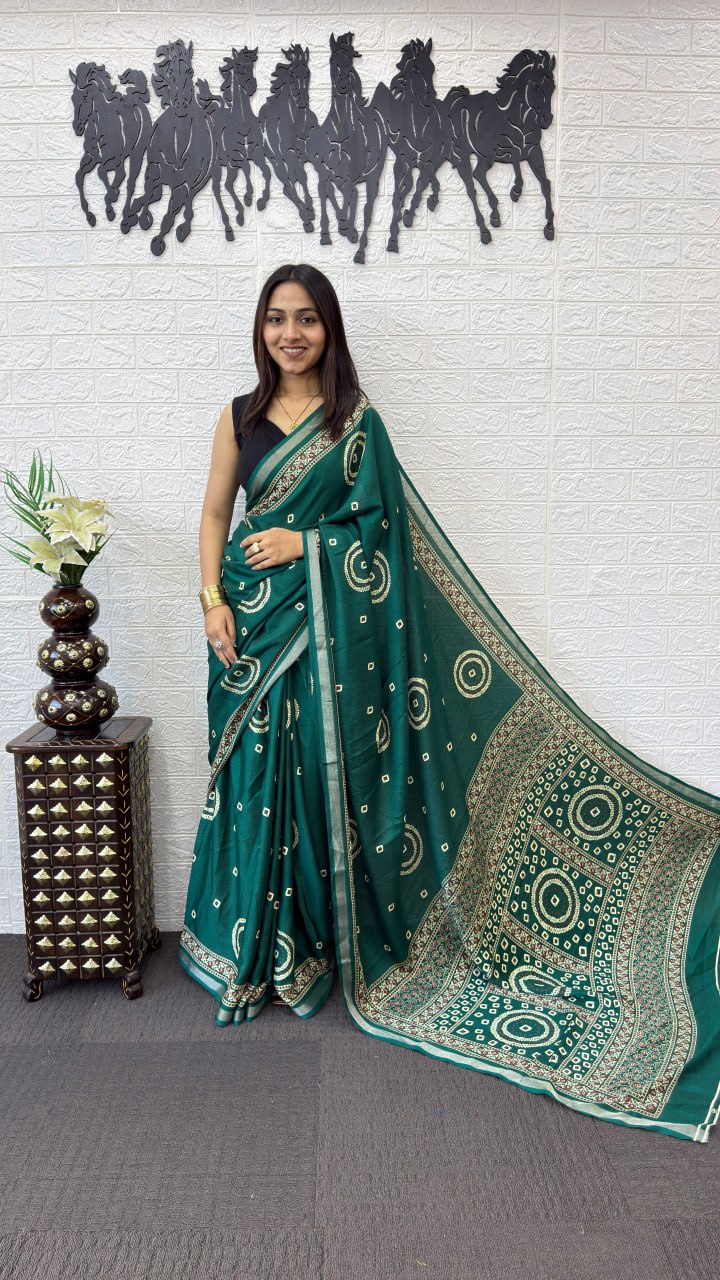 Teal Green Cotton Silk Saree with Bandhani Inspired Motifs & Designer Ethnic Pallu