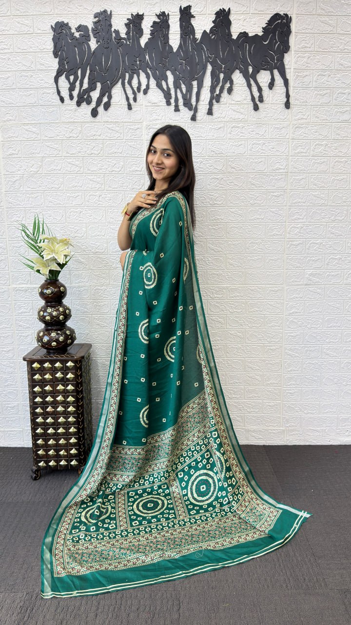 Teal Green Cotton Silk Saree with Bandhani Inspired Motifs & Designer Ethnic Pallu