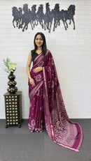 Royal Wine Cotton Silk Saree with Bandhani Inspired Print & Elegant Ethnic Pallu