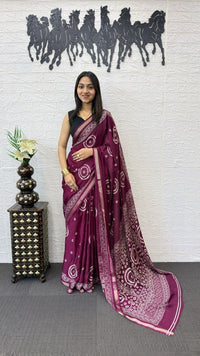 Royal Wine Cotton Silk Saree with Bandhani Inspired Print & Elegant Ethnic Pallu