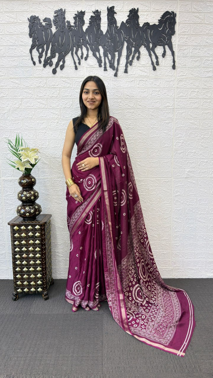Royal Wine Cotton Silk Saree with Bandhani Inspired Print & Elegant Ethnic Pallu