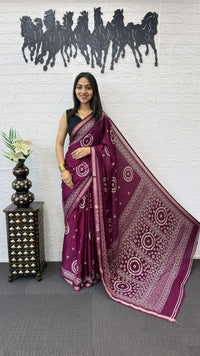 Royal Wine Cotton Silk Saree with Bandhani Inspired Print & Elegant Ethnic Pallu