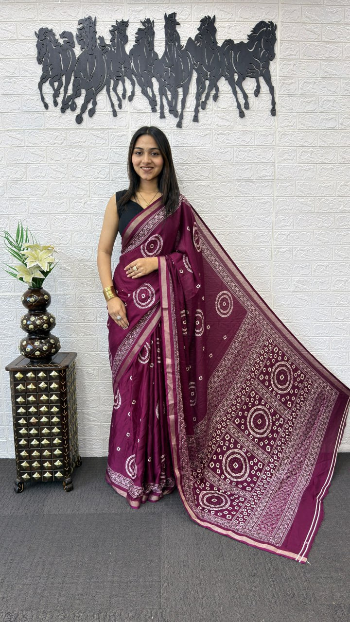 Royal Wine Cotton Silk Saree with Bandhani Inspired Print & Elegant Ethnic Pallu