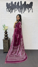 Royal Wine Cotton Silk Saree with Bandhani Inspired Print & Elegant Ethnic Pallu