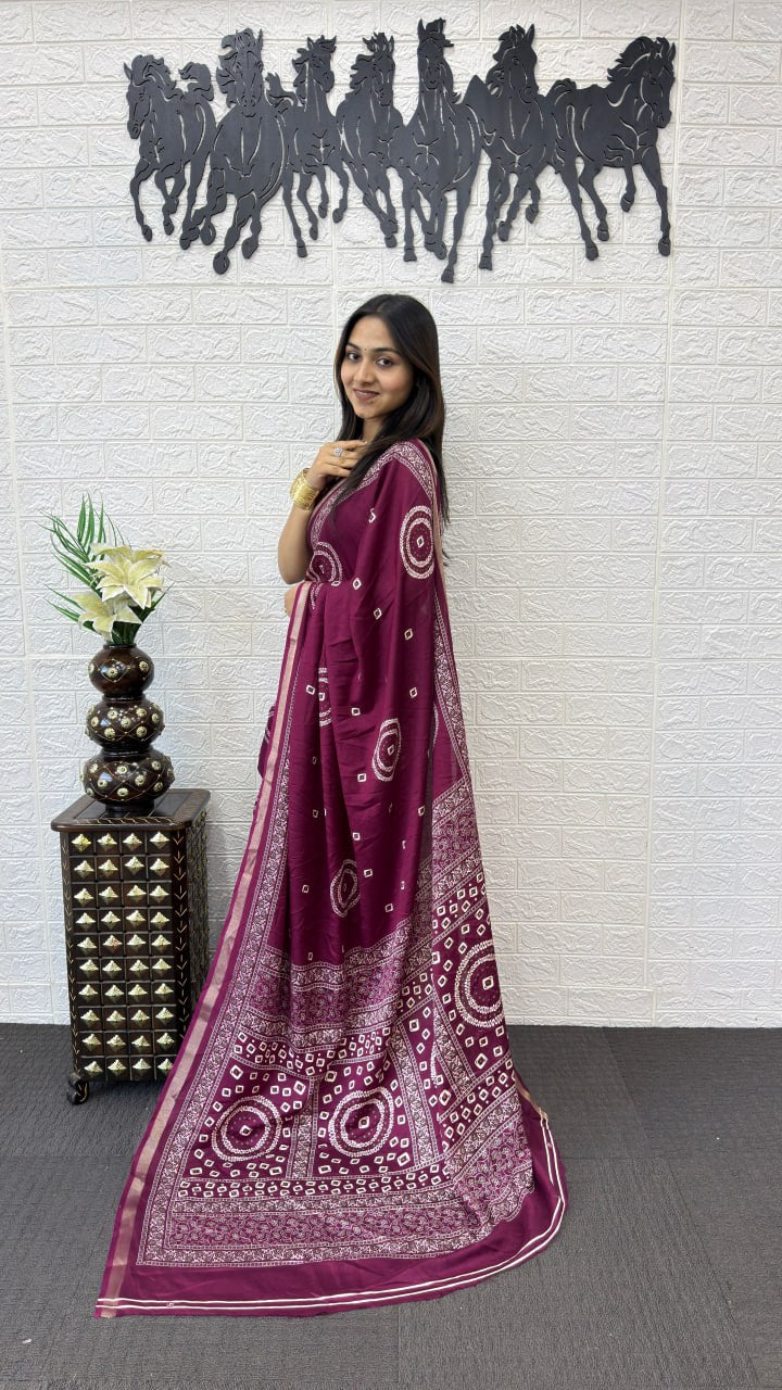 Royal Wine Cotton Silk Saree with Bandhani Inspired Print & Elegant Ethnic Pallu