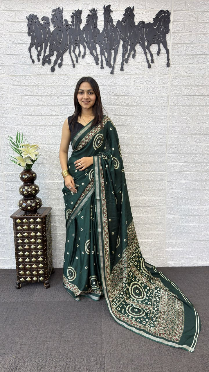 Emerald Green Cotton Silk Saree with Bandhani Inspired Print & Designer Ethnic Pallu