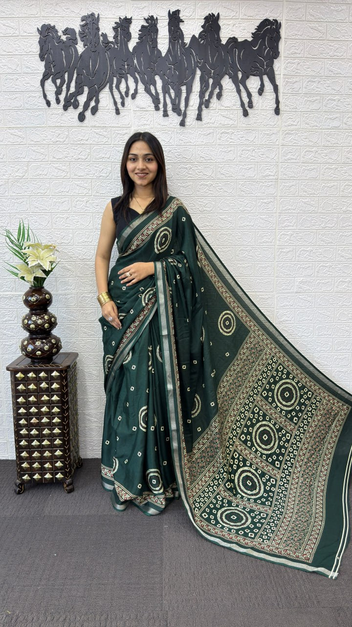 Emerald Green Cotton Silk Saree with Bandhani Inspired Print & Designer Ethnic Pallu
