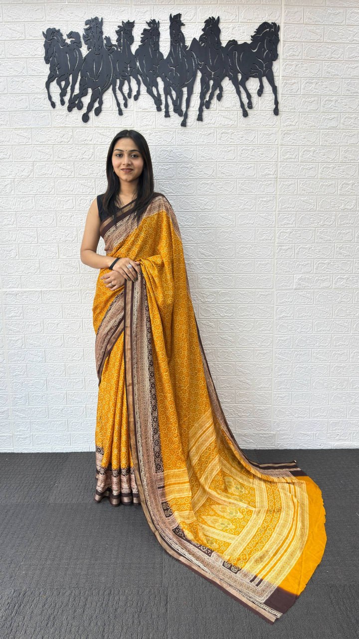 Mustard Yellow Cotton Silk Saree with Elegant Brown Border & Traditional Printed Pallu