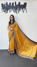 Mustard Yellow Cotton Silk Saree with Elegant Brown Border & Traditional Printed Pallu