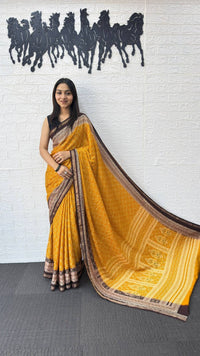 Mustard Yellow Cotton Silk Saree with Elegant Brown Border & Traditional Printed Pallu