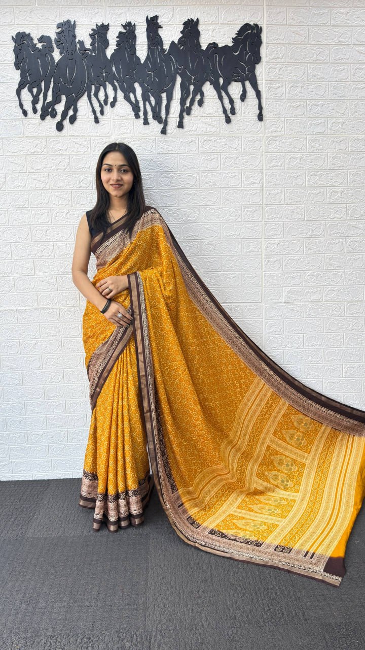Mustard Yellow Cotton Silk Saree with Elegant Brown Border & Traditional Printed Pallu