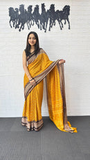 Mustard Yellow Cotton Silk Saree with Elegant Brown Border & Traditional Printed Pallu