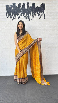 Mustard Yellow Cotton Silk Saree with Elegant Brown Border & Traditional Printed Pallu