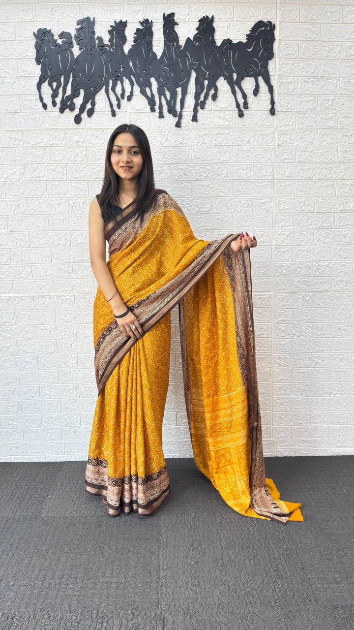 Mustard Yellow Cotton Silk Saree with Elegant Brown Border & Traditional Printed Pallu