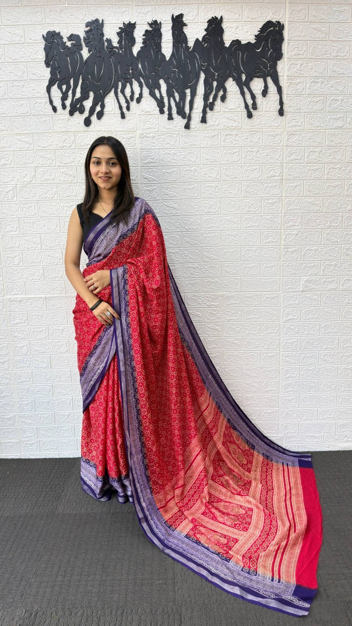 Rani Pink Cotton Silk Saree with Royal Purple Border & Traditional Printed Pallu