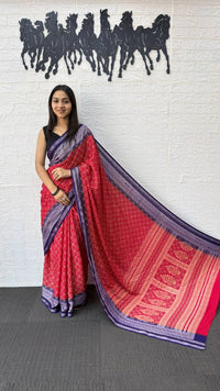 Rani Pink Cotton Silk Saree with Royal Purple Border & Traditional Printed Pallu