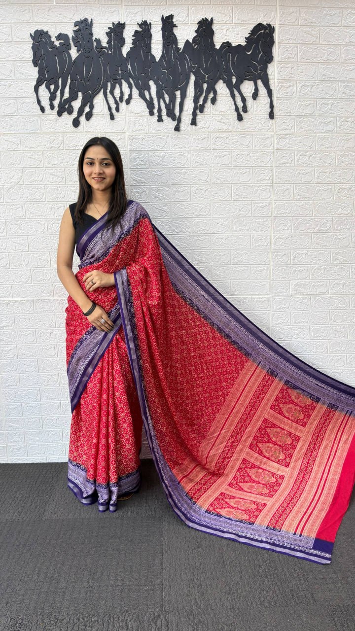 Rani Pink Cotton Silk Saree with Royal Purple Border & Traditional Printed Pallu