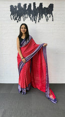 Rani Pink Cotton Silk Saree with Royal Purple Border & Traditional Printed Pallu