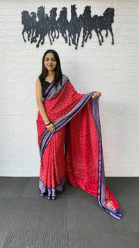 Rani Pink Cotton Silk Saree with Royal Purple Border & Traditional Printed Pallu