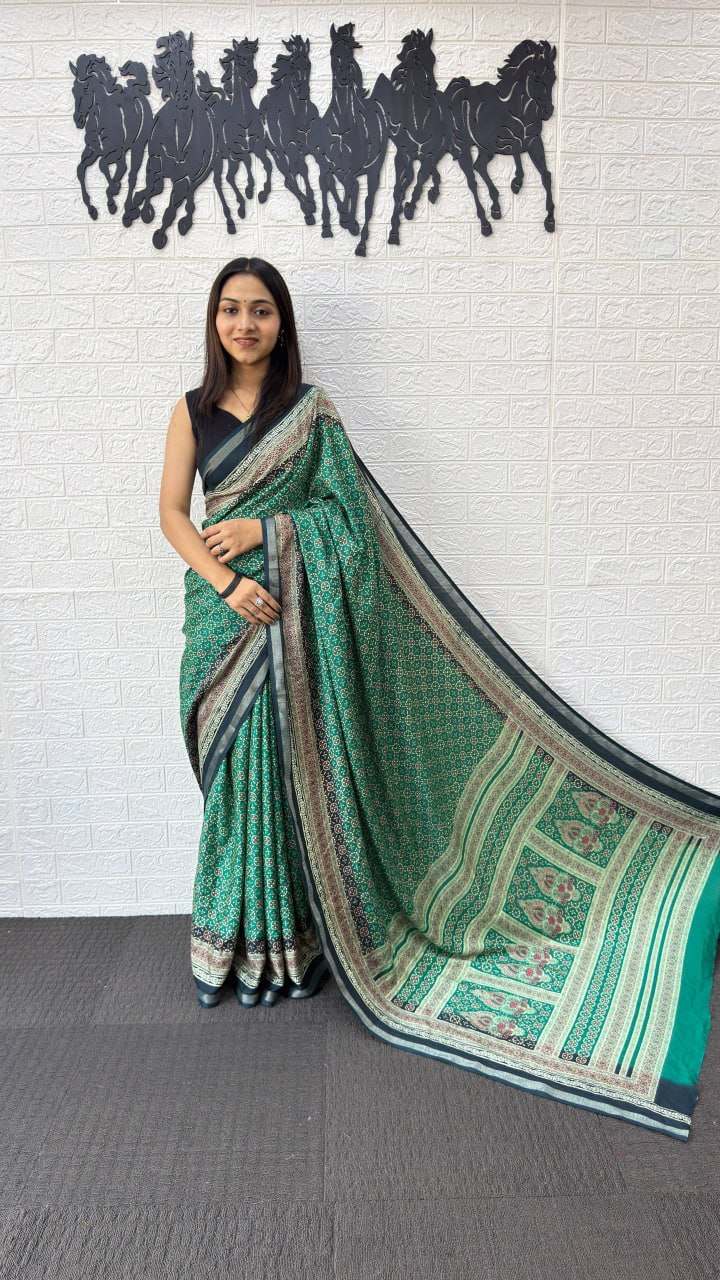 Aqua Green Cotton Silk Saree with Elegant Floral Print & Contrast Border
