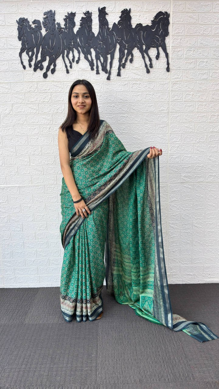 Aqua Green Cotton Silk Saree with Elegant Floral Print & Contrast Border