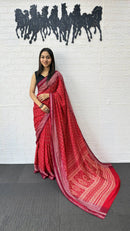 Ruby Red Cotton Silk Saree with Elegant Printed Design & Rich Ethnic Pallu