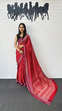 Ruby Red Cotton Silk Saree with Elegant Printed Design & Rich Ethnic Pallu