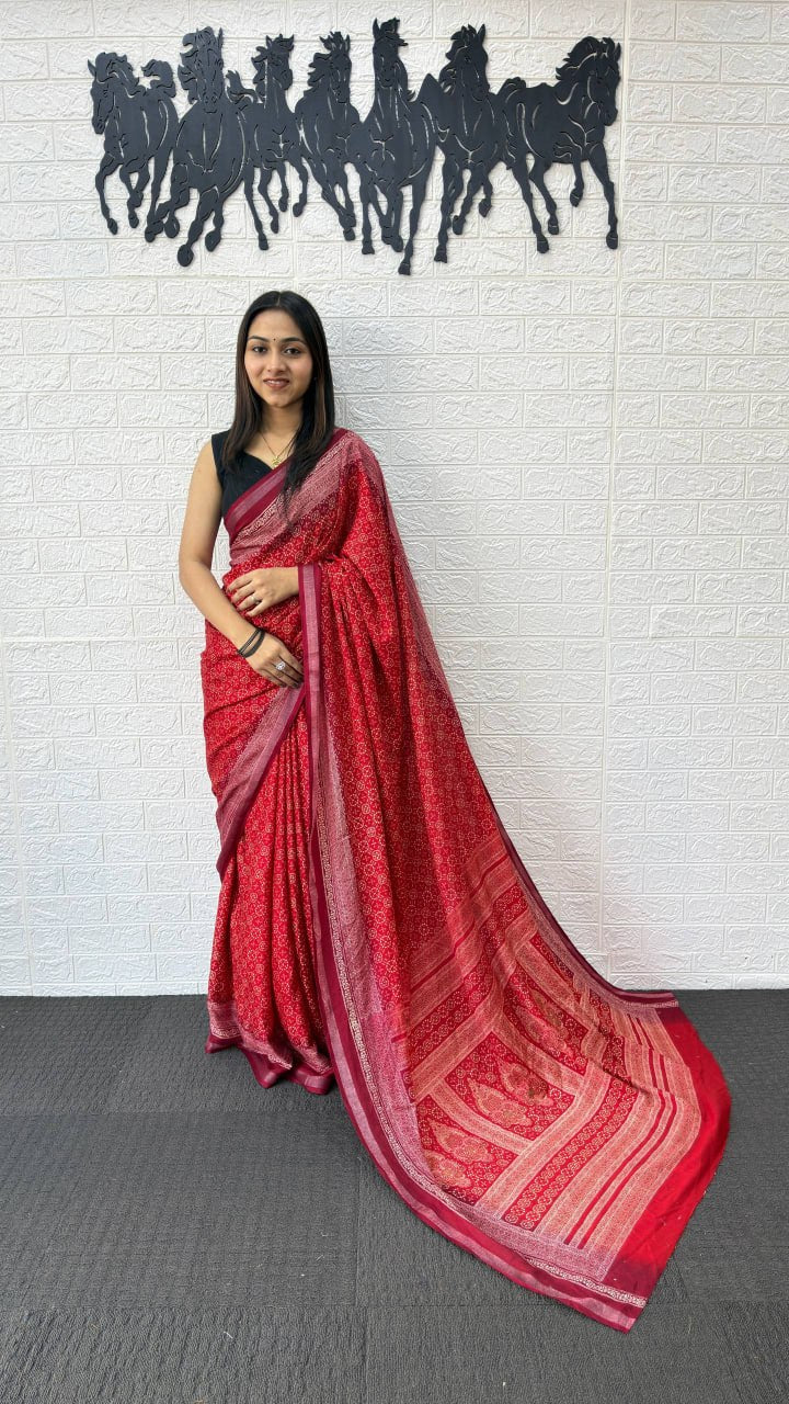 Ruby Red Cotton Silk Saree with Elegant Printed Design & Rich Ethnic Pallu