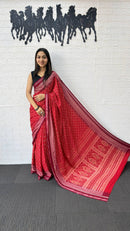 Ruby Red Cotton Silk Saree with Elegant Printed Design & Rich Ethnic Pallu