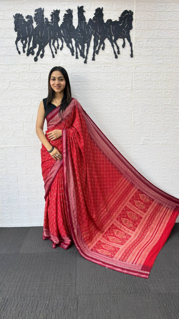 Ruby Red Cotton Silk Saree with Elegant Printed Design & Rich Ethnic Pallu