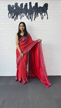 Ruby Red Cotton Silk Saree with Elegant Printed Design & Rich Ethnic Pallu