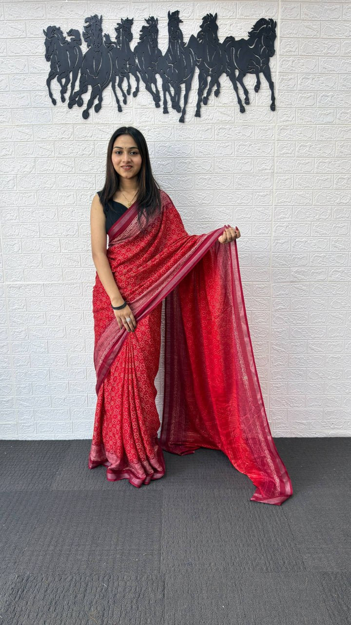Ruby Red Cotton Silk Saree with Elegant Printed Design & Rich Ethnic Pallu