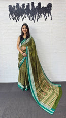 Olive Green Cotton Silk Saree with Teal Border & Traditional Printed Pallu