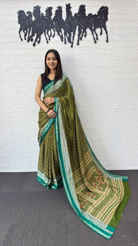 Olive Green Cotton Silk Saree with Teal Border & Traditional Printed Pallu