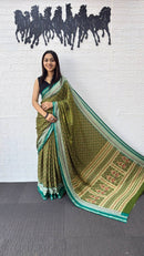 Olive Green Cotton Silk Saree with Teal Border & Traditional Printed Pallu