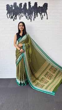 Olive Green Cotton Silk Saree with Teal Border & Traditional Printed Pallu